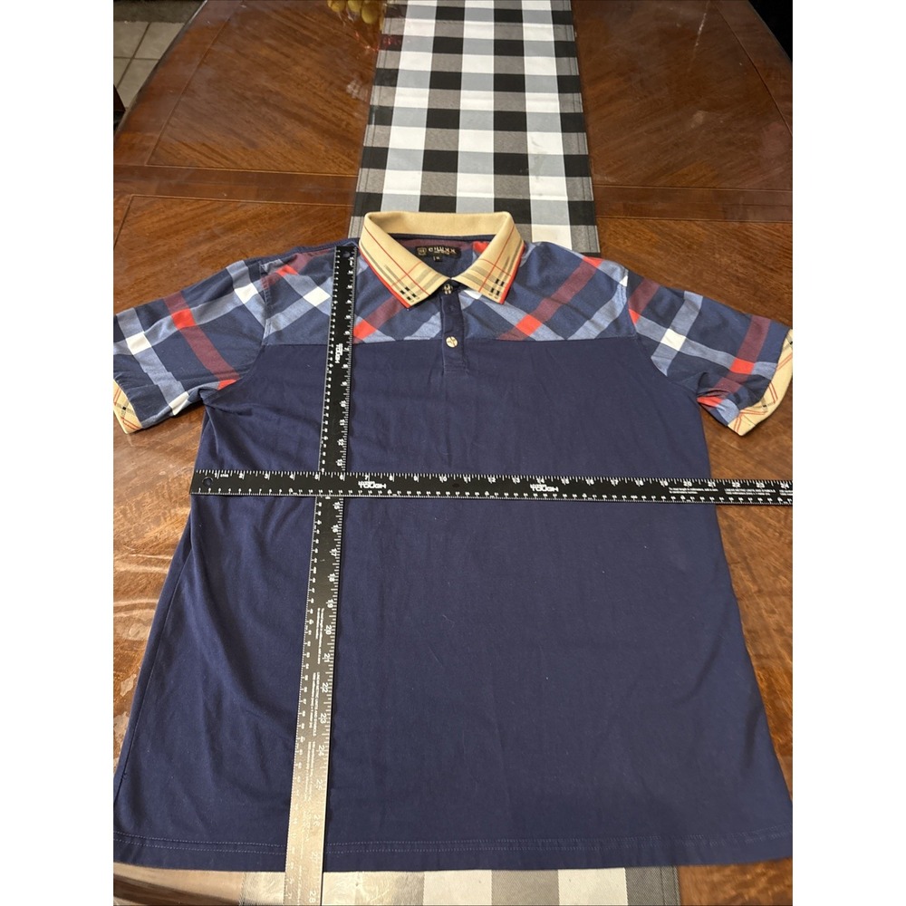Chuxx Polo Shirt Mens XL Blue Italian Plaid Slim Fit Stretch Short Sleeve C01-07